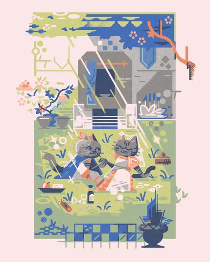 2026 full color fantasy commission 

2 grey cats picnic in a sunbeam in a courtyard, the light breaking through a canopy above them. One sits with her eyes closed, while the other holds her hand tenderly, gaze fixed on her.