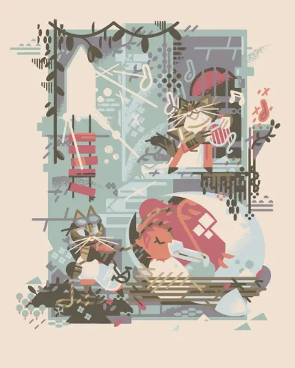 2026 full color fantasy pet portrait

In a ruined tower overcome with plant growth, two cats wrap a rope around the neck of a roc. On the landing of a spiral staircase, one plucks out a song on her harp and sings, while the other works carefully to secure the bird.