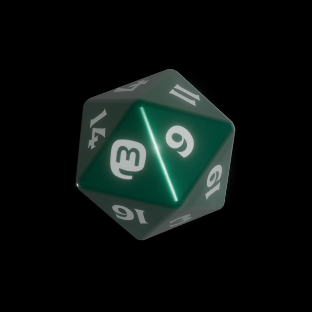 3D dark green twenty faced dice on a black background, rotating on a loop. At the emplacement of the 20 number is the Mastodon logo