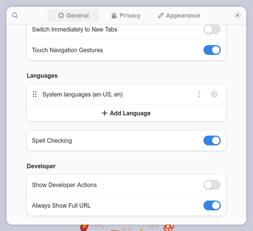 Screenshot of the Gnome Web settings panel, showing the option "Always Show Full URL" being sorted in the "Developer" section.