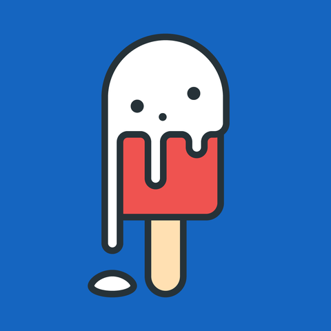 An illustration of a juicy red frozen snack on a stick with melting frosting on top. The background is blue
