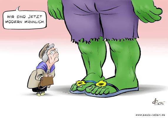 Karikatur "Moderne Männlichkeit" aus dem Jahr 2026. Eine kleine alte Dame blickt etwas erstaunt in die Höhe. Sie steht einer grünen riesenhaften Person gegenüber, die Flip Flops mit angebrachten Sonneblumen trägt. Ihre kurze Hose ist etwas ausgefranst. Die riesige Person spricht: Wir sind jetzt modern männlich.