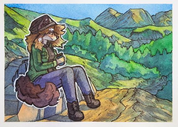 A watercolor painting of an anthro wolf woman on a hiking trail sitting ona rock with a bottle of water in her hand.