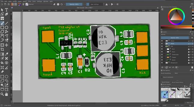 Screenshot of krita showing a drawn PCB. There are separate layers for parts and the PCB layers (copper, soldermask, paste, print).