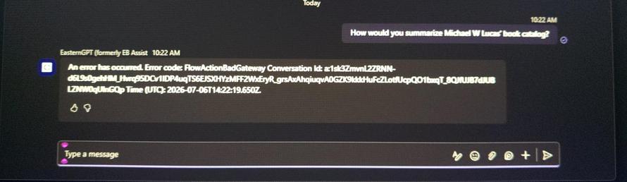 I think I win?

Asking ChatGPT: How would you summarize Michael W Lucas' book catalog?

ChatGPT: An error has occurred, followed by error message.