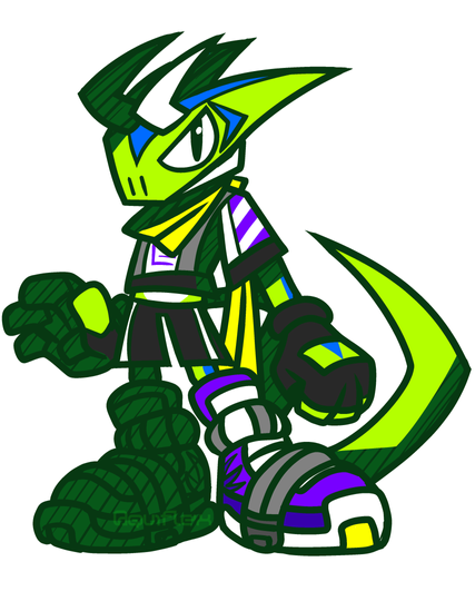 green chameleon in a parody of Hideaki Moriya's style