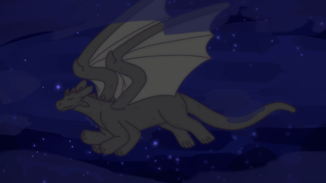 a drawing of a blind gray dragon with six legs flying through a cloudy night.
