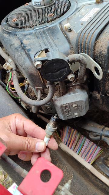 Ich halte eine Zündkerze in der Hand und reinige den Vanguard 16 Hp Motor