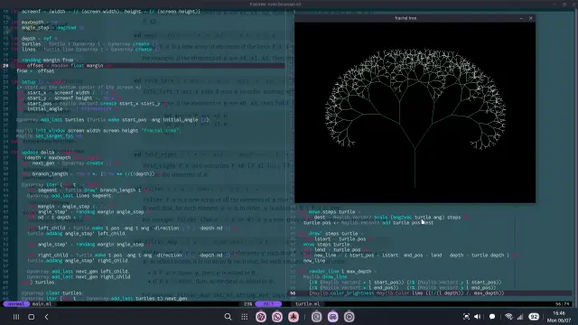 screenshot of a desktop, with code opened in the background, it's ocaml code for rendering a fractal tree using 'turtle' objects, then a raylib window showing a tree made from that code, it is various shades of green