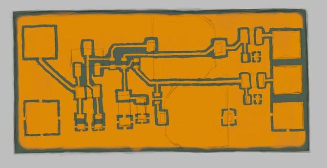 Painted image of a small PCB with a few parts.
Visible layers: copper