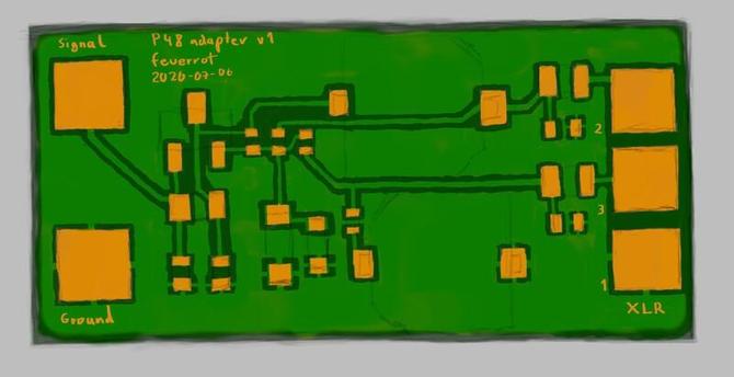 Painted image of a small PCB with a few parts.
Visible layers: copper, solder mask
