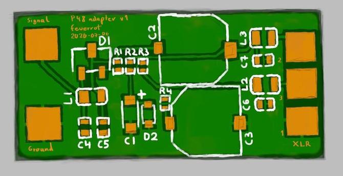 Painted image of a small PCB with a few parts.
Visible layers: copper, solder mask, silkscreen