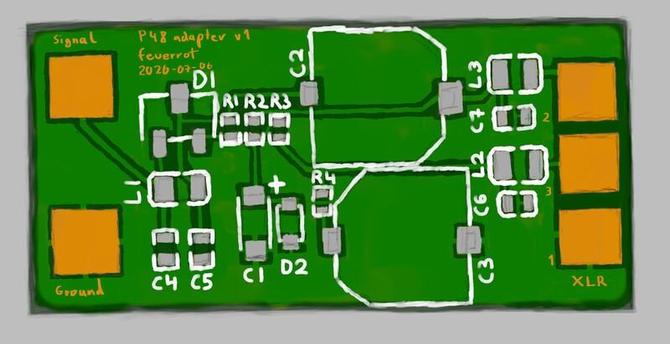 Painted image of a small PCB with a few parts.
Visible layers: copper, solder mask, silkscreen, solder paste
