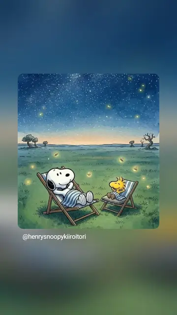 Snoopy und Woodstock schlafen in Liegestühlen unter dem Sternenhimmel, umschwirrt von Glühwürmchen.