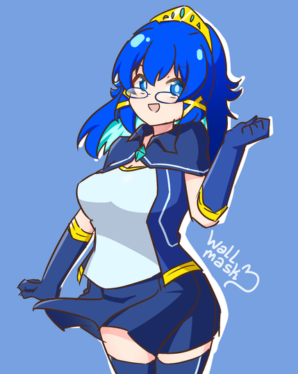 Anime style art of a girl with long saturated blue hair with light blue inner hair and blue eyes with light blue pupils. She wears a blue cape, a blue crystal on the cape, blue gloves, blue thighhighs, a blue shirt, a blue shirt underneath the blue shirt, blue crystals on her tiara, blue glasses, and a blue blue. The girl is Rifa, @lorcreations.bsky.social 's original character.