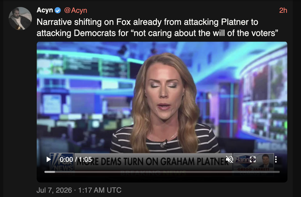 Screenshot of a Twitter tweet. The embedded video is of a reporter with the background of a newsroom (?) with bright neon lights surrounding computer screens.