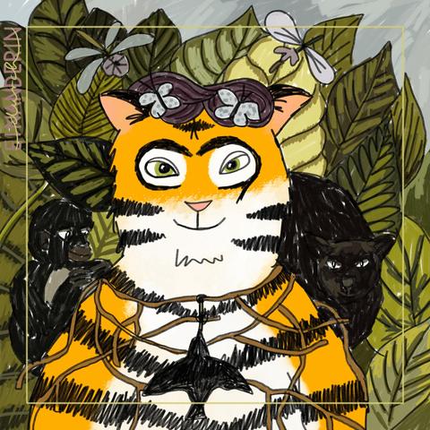 Digitale Zeichnung: Angelehnt an "Selbstbildnis mit Dornenhalsband" von Frida Kahlo. Ein Tiger mit einem kleinen schwarzen Affen auf der einen und einer schwarzen Katze auf der anderen Schulter. Er hat kleine Ästchen um den Hals geschlungen, an denen eine schwarze Vogelsilhouette hängt. Im Hintergrund große, grüne Blätter, Schmetterlinge und Libellen. Die Streifen, die beim Tiger sonst nur um die Augen gehen, wurden in der Mitte verlängert, sodass sie fast zusammenstoßen und wie eine Augenbraue wirken.