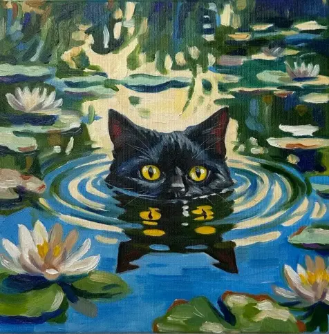 A whimsical painting of a black cat with bright yellow eyes emerging from a water lily pond, inspired by Claude Monet's impressionist style.