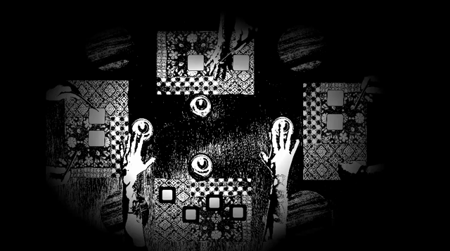 A scene from a videogame: four pairs of hands pass cards around a table. the cars hold symbols such as scythes, skulls, wooden heads, etc. The graphics is fully black and white and based on photographs. The effect is meant to be creepy and slightly uncanny.