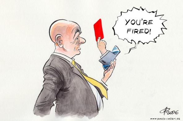Karikatur "WM-Aus für die USA" aus dem Jahr 2026. Gianni Infantino blickt erschrocken auf sein Smartphone, aus dem sich eine kleine Hand herausstreckt und ihm eine rote Karte entgegenhält. Aus dem Smartphone ertönt es: You're fired!