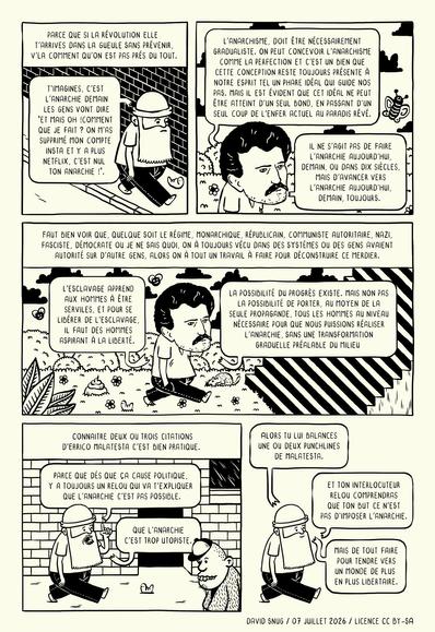 béde de 2 pages en noir et blanc qui raconte l'histoire de l'anarchiste Errico Malatesta qui était pour une graduation vers l'anarchie.
Licence CC BY-SA