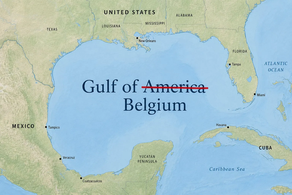 Map of Southern US, Mexico, and Cuba with "Gulf of America" crossed out and replaced with "Gulf of Belgium"