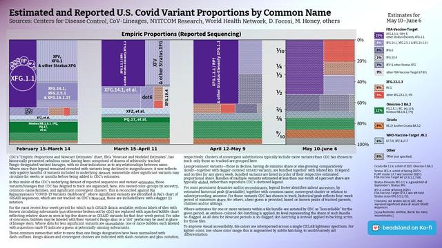 Chart: Est. & Reported U.S. Covid Variant Proportions by Common Name
Sources: CDC, Cov-Lineages, NYITCOM, others

[ beadsland on Ko-fi ]

Reskin of CDC's Variants Nowcast, and any significant variants in GISAID not broken out by CDC.

Four bar-style tree-charts, for four-week periods through 5/10–6/6. Legend of last four-week period, organized by subheadings of color-grouped families and convergent clusters. Percentages overlay each color key, reflecting share as of most recent tree-chart.

Over nine tenths Omicron B.1.1.529 / BA dynasty. LP.8.1.2 / NW family accounts for over two thirds share; Stratus-Eleventy XFG.1.1 for over a quarter.

For 2/15–3/14, packed bubble charts fill single-variant tiles, reflecting GISAID detail not shown by CDC's Nowcast.

Legend:

FDA-Vaccine-Target [purples]:
29% - XFG.1.1.1 / RP† & other Stratus-Eleventy XFG.1.1
8% - XFG.14.1, XFG.2.5.1 & XFG.14.1.1†
8% - XFG.6
1% - XFG.10.4
7% - XFV & other Stratus XFG
0% - other FDA-Vaccine-Target LP.8.1

XFG.23.1.3 [reds]:
6% - RV.1
9% - other XFG.23.1.3 / RV

Omicron-2 BA.2 [green]:
12% - PQ.2.8.1 / RC, PQ.17 & Nimbus NB.1.8.1 / PQ

Cicada [brown]:
8% - RE.2† & other Cicada BA.3.2

WHO-Vaccine-Target JN.1 [blue]:
6% - LF.7.9, XFZ & LF.7

Other [grey]:
6% - Other (not specified)
_____

Cicada BA.3.2 is a child of 2023 Omicron-3 BA.3.

XFV is a child of Spring 2025's FDA-Vaccine-Target LP.8.1 and left-field Stratus scion XFG.3.3.1 / SE.

[Some footnotes omitted, due to too many recombinants.]