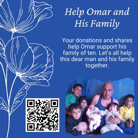 A blue and white floral poster featuring a picture of Omar and his children and the text Your donations and shares help Omar support his family of ten. Let’s all help this dear man and his family together.