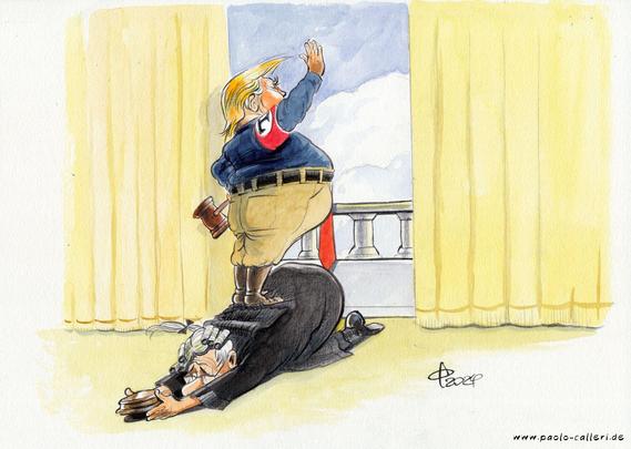 Karikatur "Treppchen" aus dem Jahr 2026. Donald Trump steht auf dem Rücken eines knieenden Richters und winkt von einem Balkon. Trump trägt dabei eine rote Armbinde mit aufgedrucktem schwarzen T in der Mitte. In seiner linken Hand hält er den Richterhammer. Die Perücke des Richters ist verrutscht.