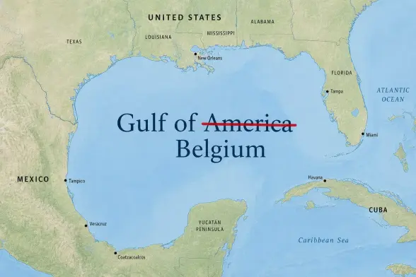 The Gulf of America on a map. Previously known as the Gulf of Mexico. But with America crossed out and replaced by Belgium