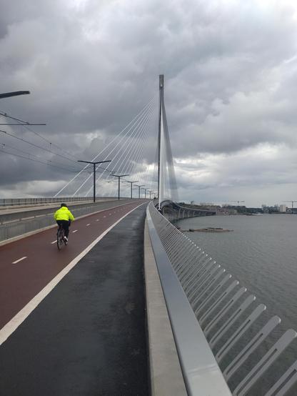 Die Schrägseilbrücke vom Fußweg aus fotografiert. Eine Person fährt mit Neon Gelber Jacke die Brücke hinauf.