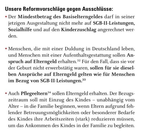 Unsere Reformvorschläge gegen Ausschlüsse:
• Der Mindestbetrag des Basiselterngeldes darf in seiner jetzigen Ausgestaltung nicht mehr auf SGB-II-Leistungen, Sozialhilfe und auf den Kinderzuschlag angerechnet wer-den.
• Menschen, die mit einer Duldung in Deutschland leben, und Menschen mit einer Aufenthaltsgestattung sollen Anspruch auf Elterngeld erhalten. 32 Für den Fall, dass sie vor der Geburt nicht erwerbstätig waren, sollen für sie dieselben Ansprüche auf Elterngeld gelten wie für Menschen im Bezug von SGB-II-Leistungen.33
• Auch Pflegeeltern34 sollen Elterngeld erhalten. Der Bezugs-zeitraum soll mit Einzug des Kindes - unabhängig vom Alter - in die Familie beginnen, wenn Eltern aufgrund fehlender Betreuungsmöglichkeiten oder besonderer Bedarfe des Kindes ihre Arbeitszeiten (stark) reduzieren müssen, um das Ankommen des Kindes in der Familie zu begleiten.