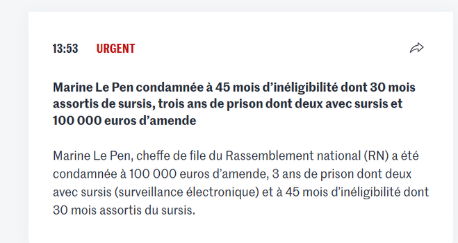 Marine Le Pen condamnée à 45 mois d’inéligibilité dont 30 mois assortis de sursis, trois ans de prison dont deux avec sursis et 100 000 euros d’amende

Marine Le Pen, cheffe de file du Rassemblement national (RN) a été condamnée à 100 000 euros d’amende, 3 ans de prison dont deux avec sursis (surveillance électronique) et à 45 mois d’inéligibilité dont 30 mois assortis du sursis.