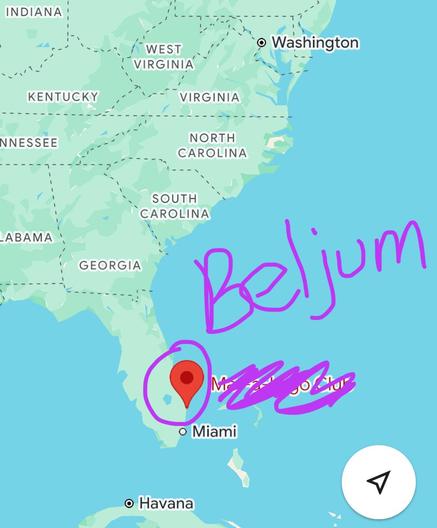 A map of the United States with a circle on the coast of Florida; the label “Mar-a-Lago” has been hastily scribbled out and a poorly spelled “Beljum” written in