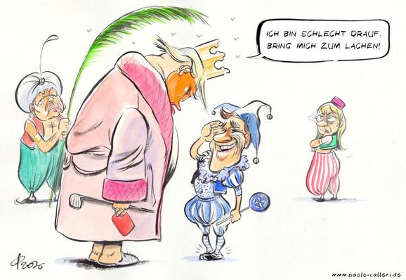 Karikatur "NATO-Gipfel in Ankara" aus dem Jahr 2026. Donald Trump im Morgenmantel und mit Burger King Krone auf dem Kopf blickt zu Rutte hinab, der als Hofnarr verkleidet vor ihm die Hacken zusammenschlägt. Trump spricht zu ihm: Ich bin schlecht drauf. Bring mich zum Lachen. Im Hintergrund stehen Meloni, die mit verschränkten Armen beleidigt zu den beiden herüberblickt, und Erdogan, der als Sultan verkleidet mit einem Palmwedel Fliegen von Trumps Kopf verscheucht.