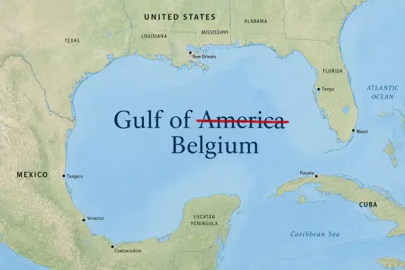 A map shows the Gulf of Mexico but the map labels it Gulf of America. Someone has crossed out America and added Belgium.