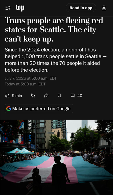 A screenshot of a news article about the influx of trans people into Seattle since the 2024 election.