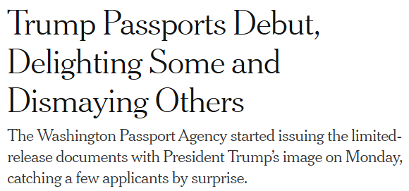 Trump Passports Debut, Delighting Some and Dismaying Others

The Washington Passport Agency started issuing the limited- release documents with President Trumps image on Monday, catching a few applicants by surprise.