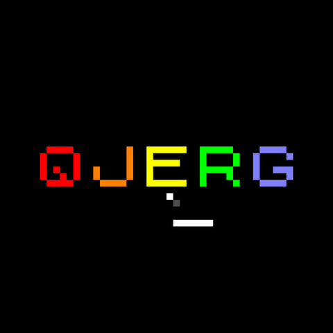 The QJERG logo. It's the letters QJERG in red, orange, yellow, green, and blue written in the ZX Spectrum font, with a ball and paddle below to give it a gamified underline. The whole thing is a chunky pixel aesthetic.