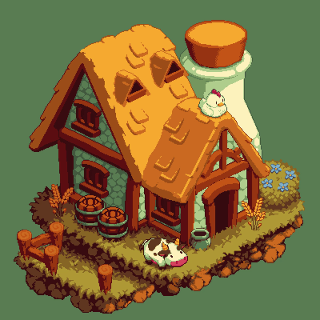 A cozy farm house/cottage with hay roof and green grass around it. Clouds in the sky. A cow and chicken relaxing in the scene.