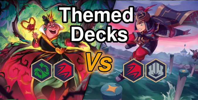 split view, on the left the art from a Ruby Emerald card "Queen of Hearts", on the right the art from a Ruby / Steel card "Mulan".
The text says: Themed Deck, and there is a large orange "Vs" in the center