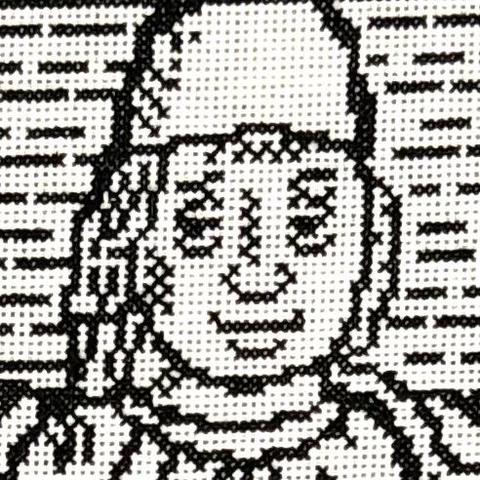 Closeup of chess players face, stitched as black X’s in white background