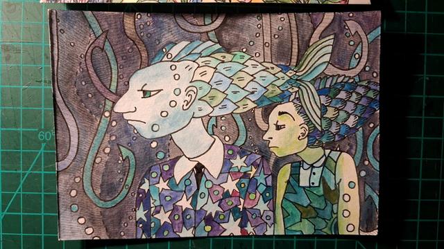 A drawing in pen and watercolour of two serious looking people with fish heads and human faces in a dark and bubbly place.