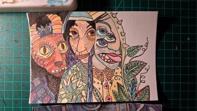 A pen and watercolour drawing of three people with overlapping faces. One of them has too many eyes and mouths, one has a big cat-like mask-face and horns. There are thorns and leaves too.