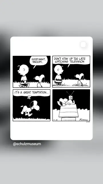 4-teiliger Comic der Peanuts.
1 Charlie Brown wünscht Snoopy 'Good Night Snoopy'
2 'Don't stay up too late watching television'
3 Snoopy trollt sich davon: 'it's a real temptation'
4 Snoopy auf der Hütte, ein Kissen im Nacken und einen Minifernseher auf dem Bauch.