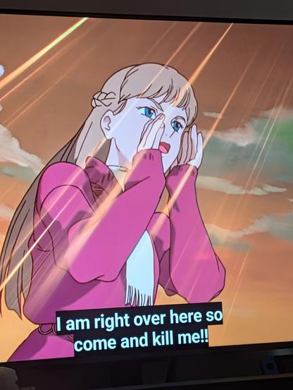 Relina yelling with her hands cupping her mouth to make it louder. The captions says "I am right over here so come and kill me!!"

She has talked to this boy for a total of 5 minutes in world