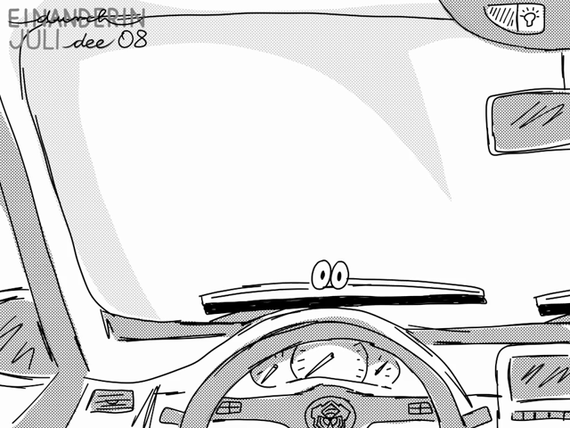 Digitale Zeichnung als animiertes GIF: aus der Perspektive, als würde man am Steuer eines Autos sitzen (Armaturenbrett, Lenkrad, Tacho, Radio) und durch die Frontscheibe rausschauen. Der Scheibenwischer (mit zwei dazugezeichneten Augen) ist eingeschaltet. Bei der Aufwärtsbewegung hängt die Gummilippe bogenförmig nach unten, beim nach unten Wischen liegt die Gummilippe wieder eng am Scheibenwischer. Zusammen mit den Augen sieht es so aus, als würde der Scheibenwischer aufwärts lächeln und abwärts traurig schauen.