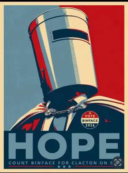 Count Binface poster done in Obama Hope cartoon style 

It says "Hope" in very big letters

Coint binface looks uo and to the right and wears a badge saying "Vote Binface 2026"