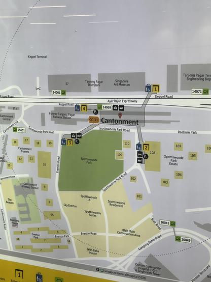 Map of the Cantonment and Outram area in Singapore, showing roads, landmarks, and numbered station exits.