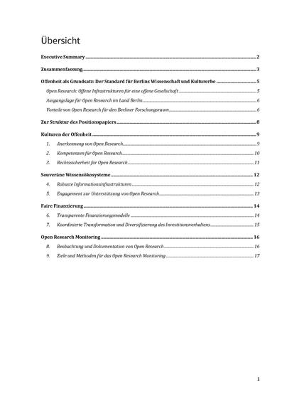 Übersicht

Thema 1: Kulturen der Offenheit
„Verbesserte strukturelle Bedingungen gewährleisten die Anerkennung von Open Research.“

        Anerkennung von Open Research
        Kompetenzen für Open Research
        Rechtssicherheit für Open Research

Thema 2: Souveräne Wissensökosysteme
„Die kooperative, selbstbestimmte und nachhaltige Gestaltung bedingt die Stärkung und Resilienz offener Informationsinfrastrukturen.“

        Robuste Informationsinfrastrukturen
        Engagement zur Unterstützung von Open Research

Thema 3: Faire Finanzierung
„Eine transparente Finanzierung berücksichtigt Prinzipien der Offenheit und Wissensgerechtigkeit.“

        Transparente Finanzierungsmodelle
        Koordinierte Transformation und Diversifizierung des Investitionsverhaltens

Thema 4: Open Research Monitoring
„Open Research wird in diversen Kontexten mit angemessenen Methoden begleitet, beobachtet und dokumentiert.“

        Beobachtung und Dokumentation von Open Research
        Ziele und Methoden für das Open Research Monitoring